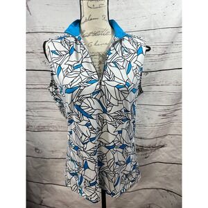 White Label Sleeveless Golf Polo Shirt Women Blue Leaf Print Quarter Zip